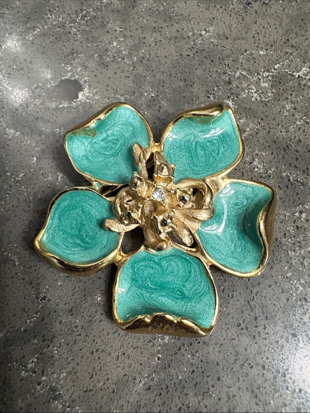 Gold Floral Brooch with Teal Enamel Petals